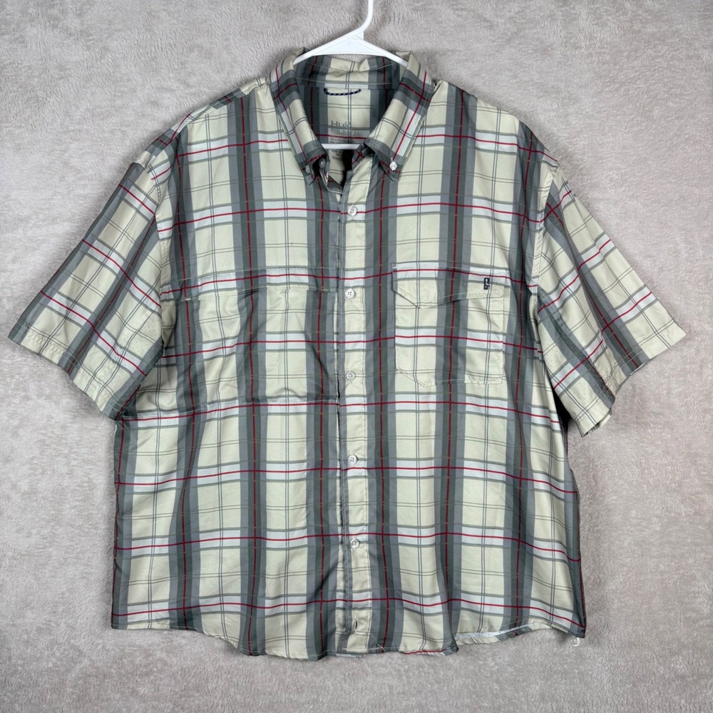 Huk Fishing Tide Point Shirt Mens XL Tan Grey Red Plaid Short Sleeve Button Up